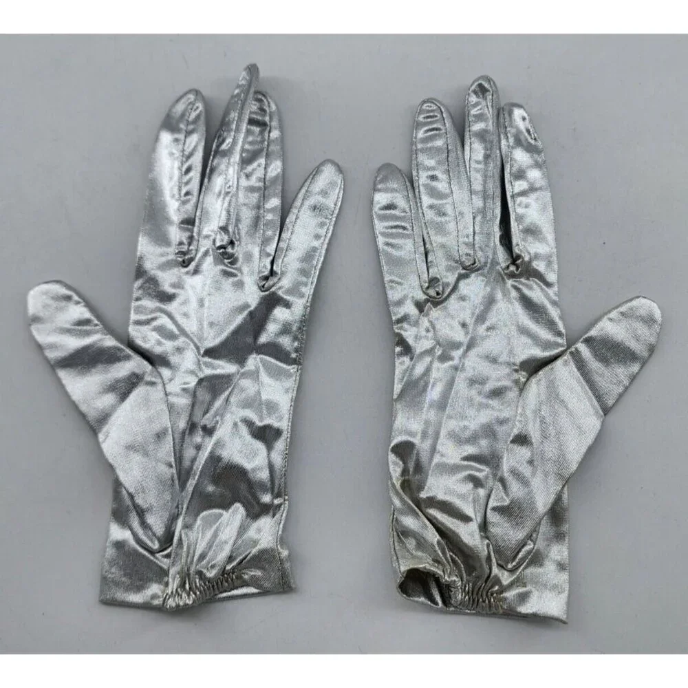 VTG Ladies Fownes Double Woven Nylon Gloves‎ Metallic Silver Costume Cosplay MED